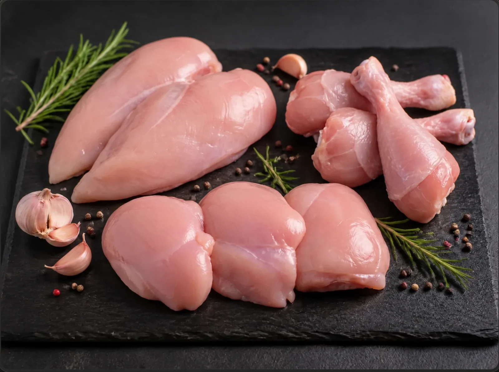 Fresh skinless chicken breast fillets, thighs and drumsticks on a dark slate platter with rosemary and peppercorns